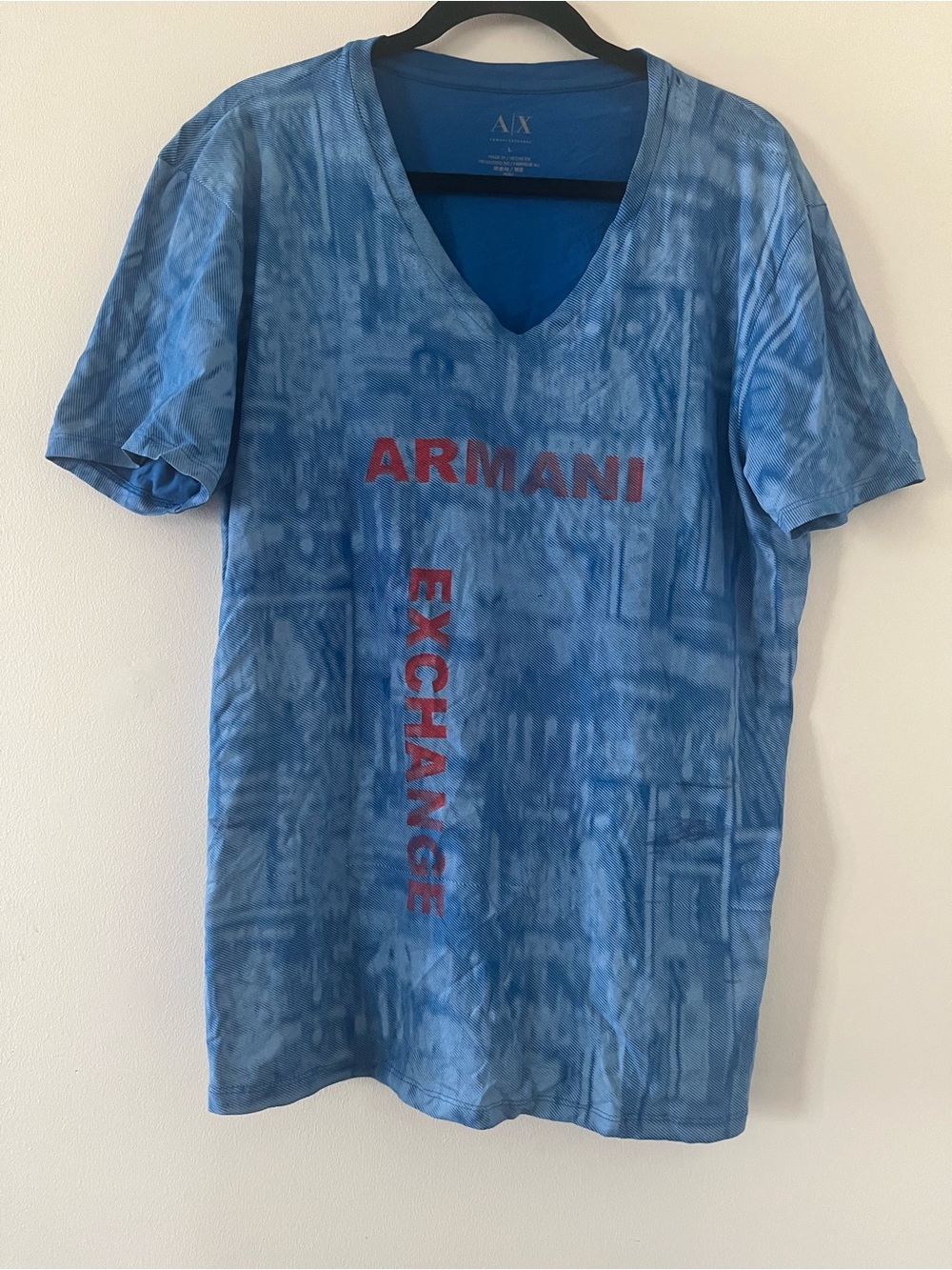 Armani Exchange Blue Graphic Logo V Neck T Shirt Mens Large